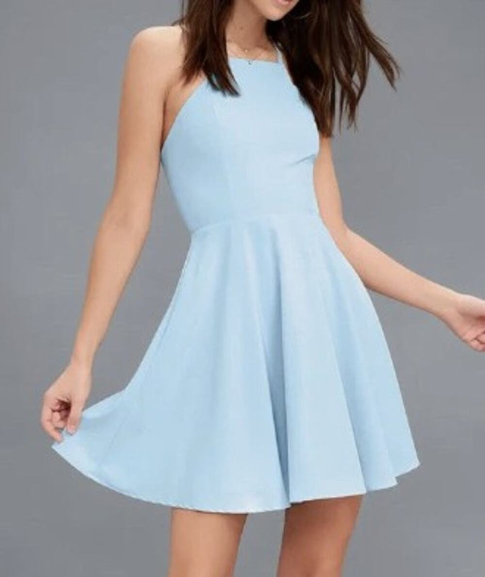 Lulus Light Blue High Neck Fit Flare Dress Sleeveless Back Zip Size L Midi